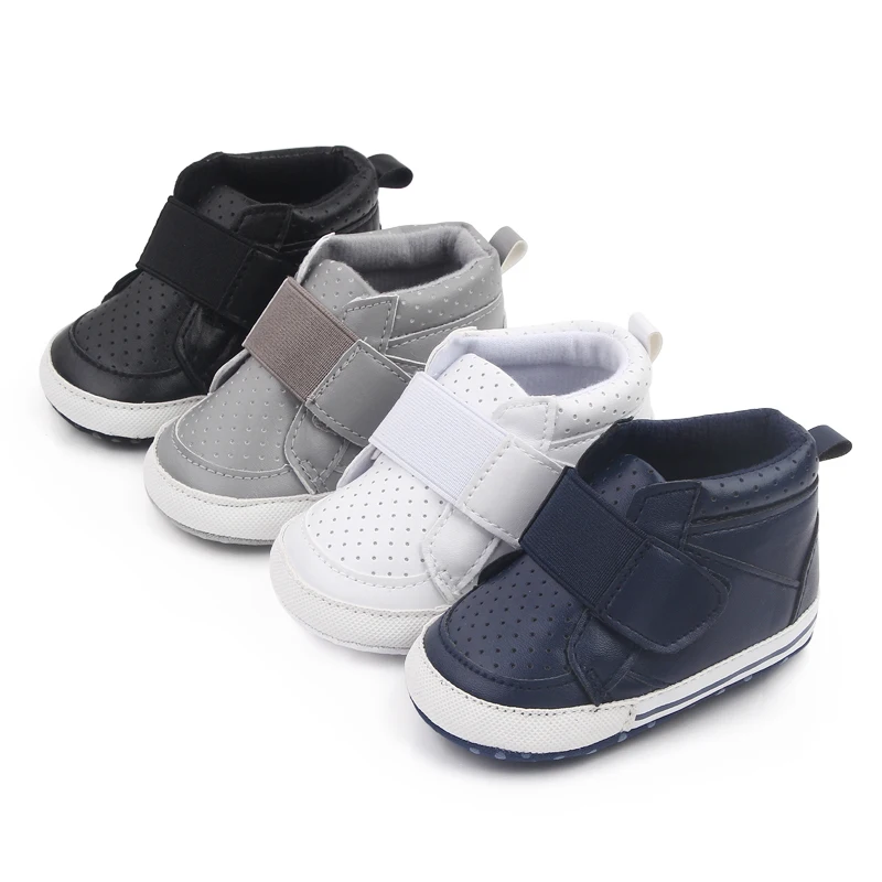 

2021 Baby Boy Shoes 0-1 Years Spring and Autumn PU High Quality Toddler Hook and Loop Shoes, Black/grey/white/dark blue