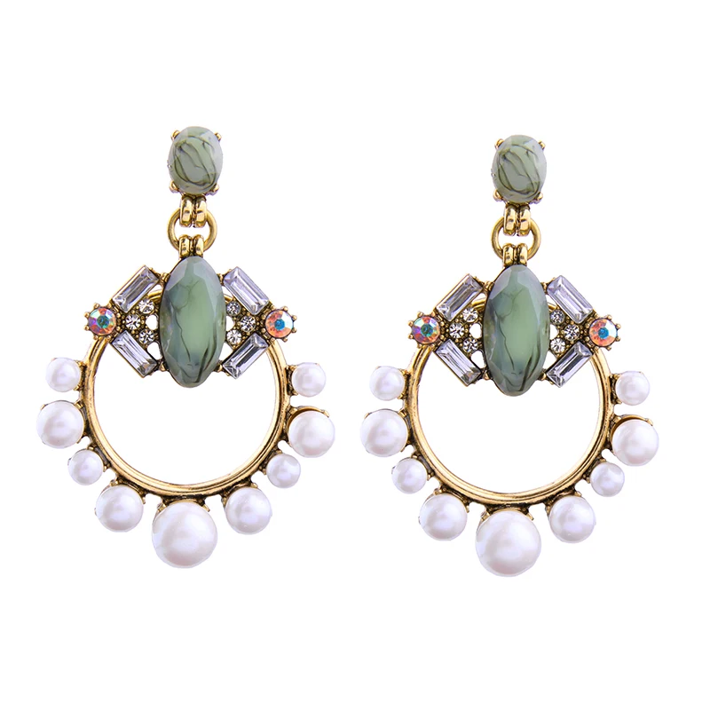 

ed01348 Turquoise Circular White Crystal Resin Bead Gold Vintage Baroque Pearl Statement Earrings Jewelry Handmade Women Hoop