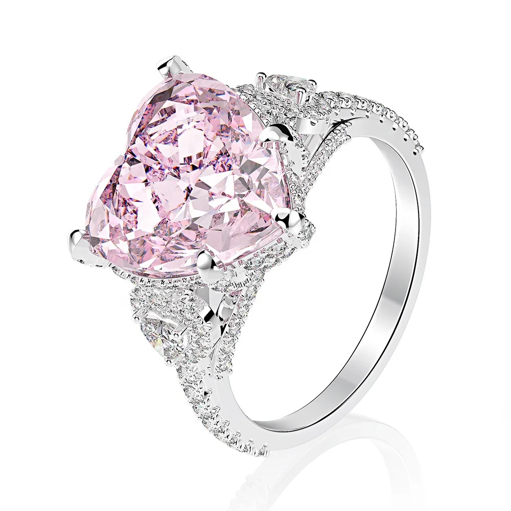 

Newest 925 Sterling Silver Rhodium Jewelry 12mm Heart Pink Diamond Wedding Ring
