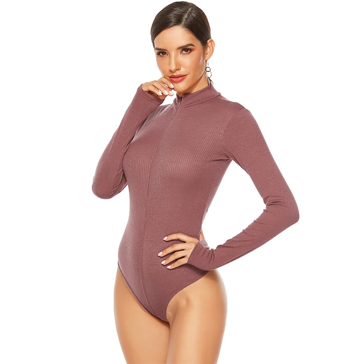 

New Long Sleeves High Collars Sweaters Solid Color Triangle Sexy Knit Jumpsuit