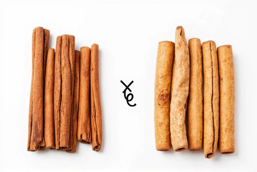 Comparison of Ceylon cinnamon sticks versus Cassia cinnamon rolls showing the visual differences between the two types
