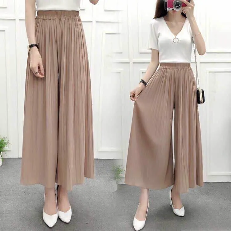 

Loose Chiffon Casual Flared Cropped High Waist Pleated Wide Legged Pants Women Wide Leg Pants, Customized color