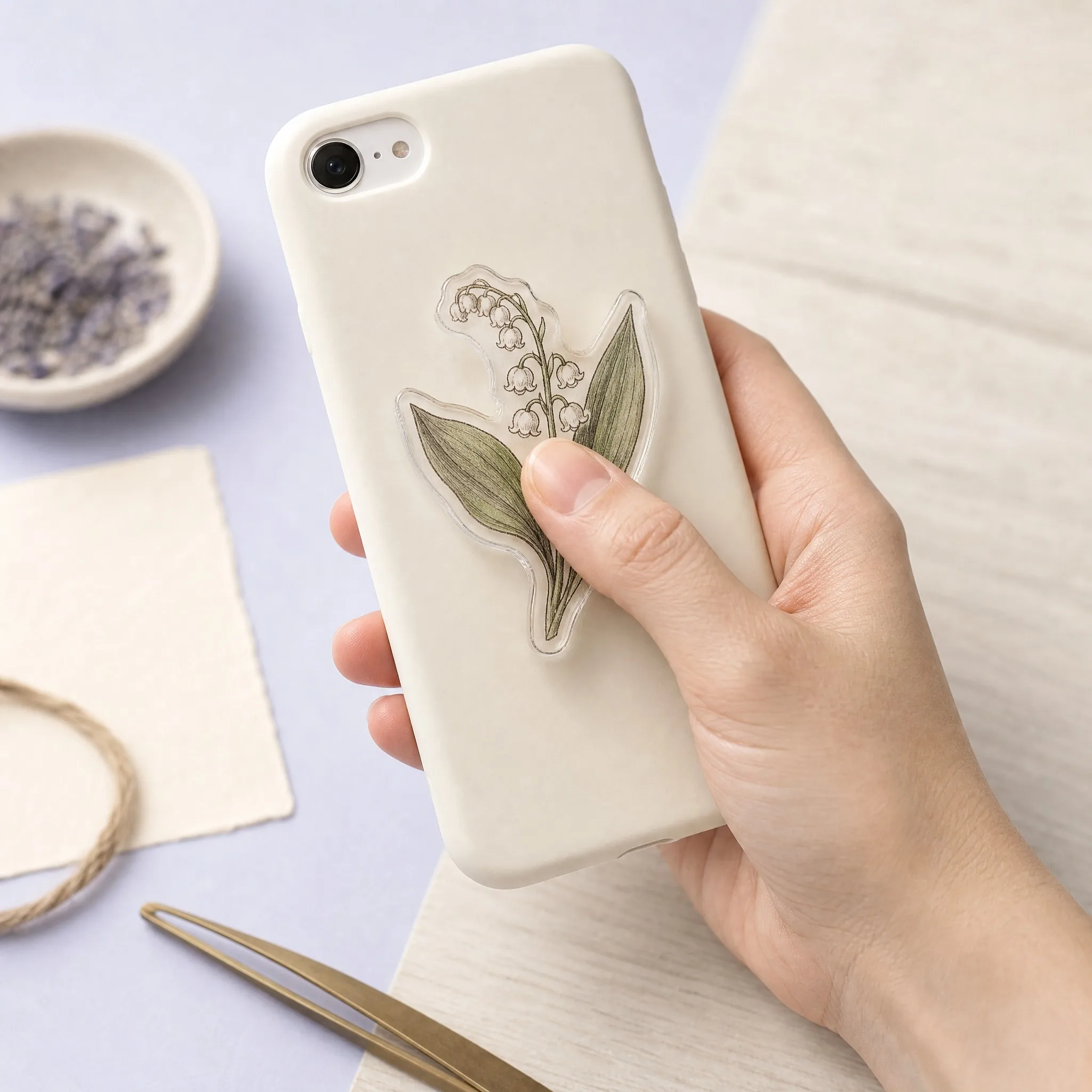 Real Lifestyle In-Hand Hold of Lily of the Valley Botanical Acrylic Phone Grip on White Smartphone Case