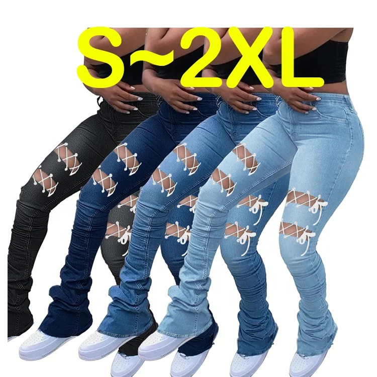 

2021 Adult Fashionable Bandage Tie Up Ripped Custom Patched Work Skinny Fit Stacked Denim Jeans For Women