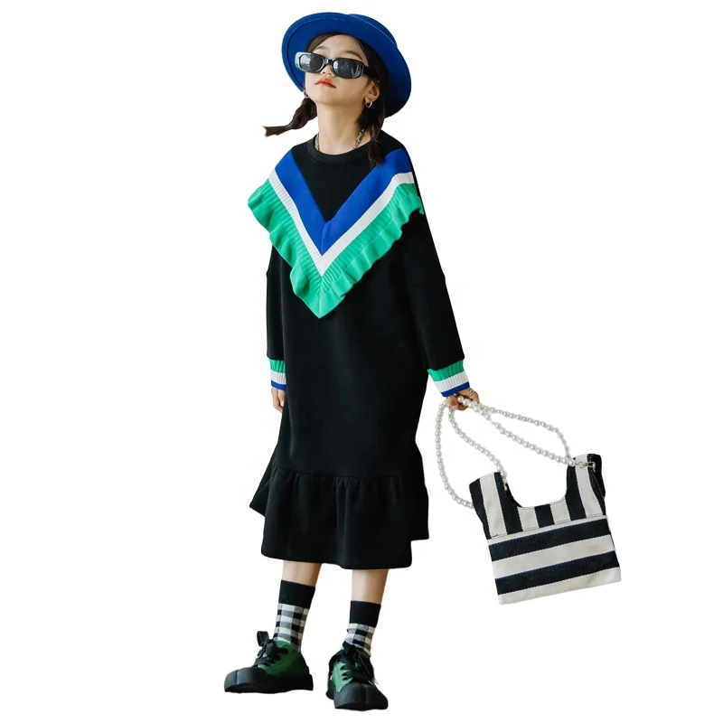 

Contrasting Color Collar Girl Party Winter Clothes Long Lotus Leaf Collar Dress, Black