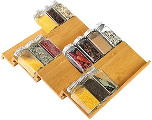 

Premium Bamboo Spice Rack Seasoning Drawer Organizer 4 Tier Countertop Organization for Kitchen Cabinet, Natural bamboo color