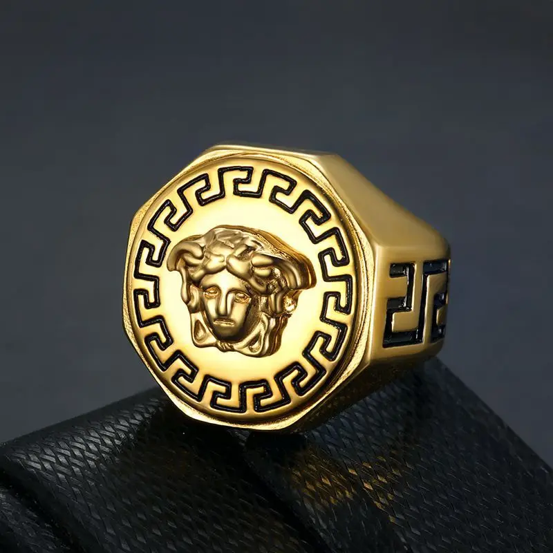 China Sale Ancient Greek Chunky Ring Titanium Steel Gold Color-plated Hip Hop Wholesale Mens Medusa Punk Rings