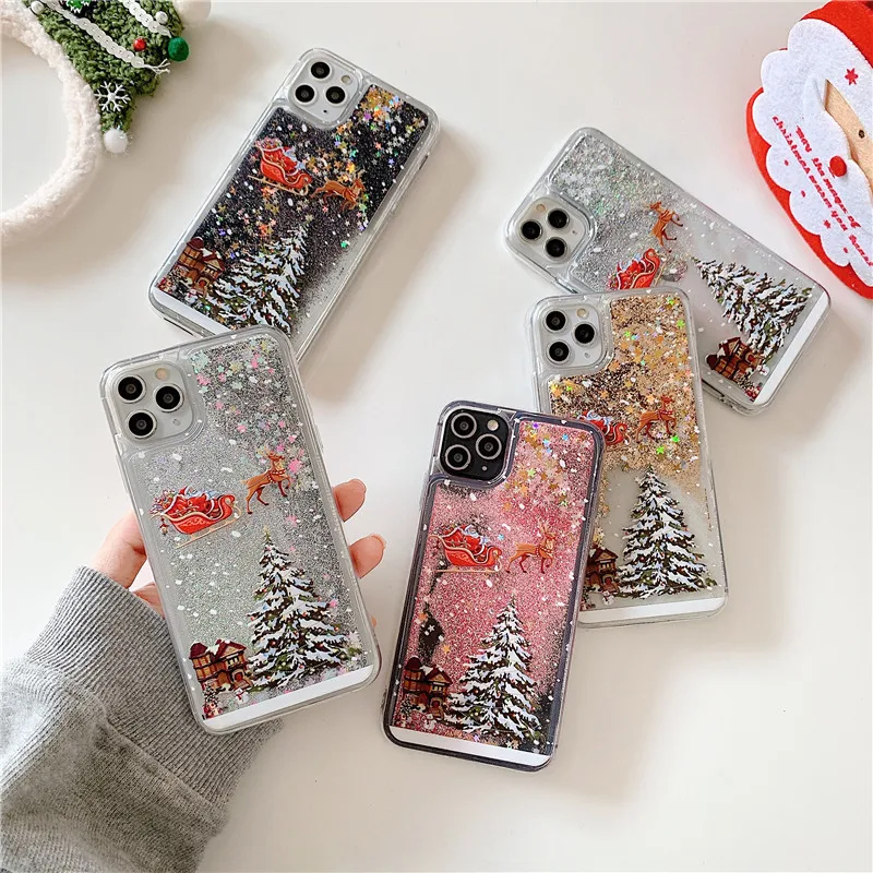 

for iPhone 12 pro 12 mini 11promax XS MAX X 7 8 Christmas Tree Quicksand Glitter Liquid Soft Case Cover Santa Claus, Colorful