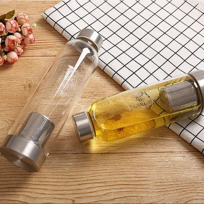 

Promotion Borosilicate Recycled Glass Water Bottle With Stainless Steel tea Filter Drinking Glass Water Bottle, Transparent clear