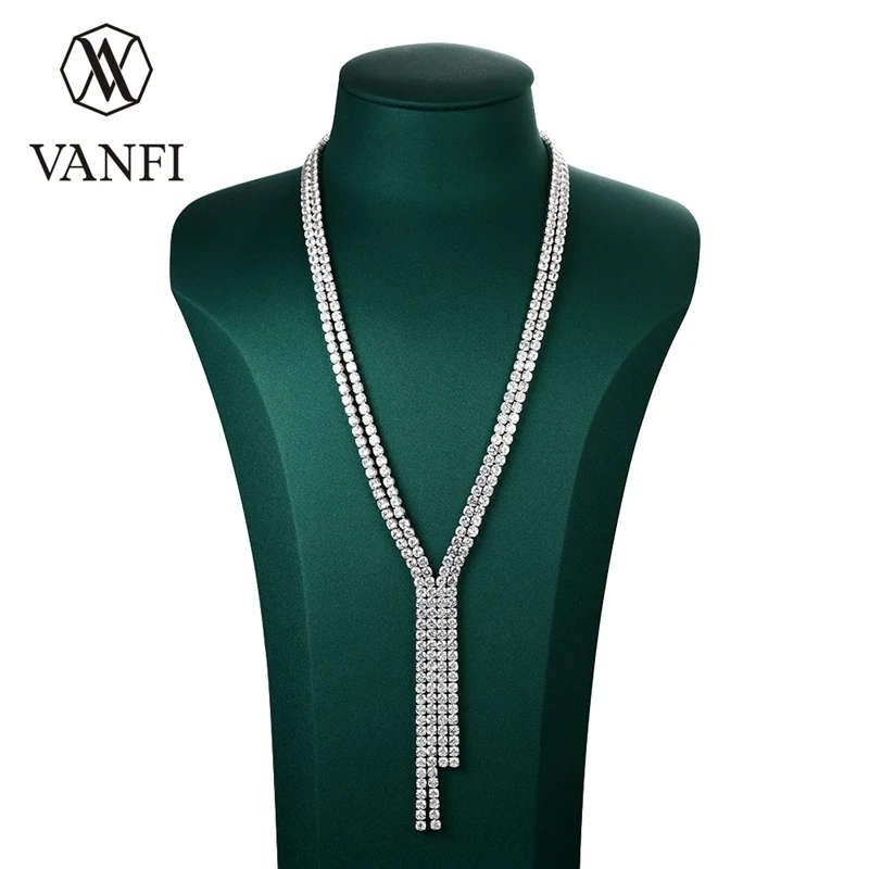 

VANFI Tennis Statement Necklace Zircon Micro Pave Copper Brass Link Chain Iced Out Tennis Chain Long Necklaces