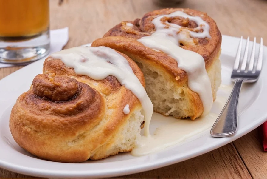 Close-up of gooey cinnamon roll with cream cheese frosting at Pismo Beach bakery