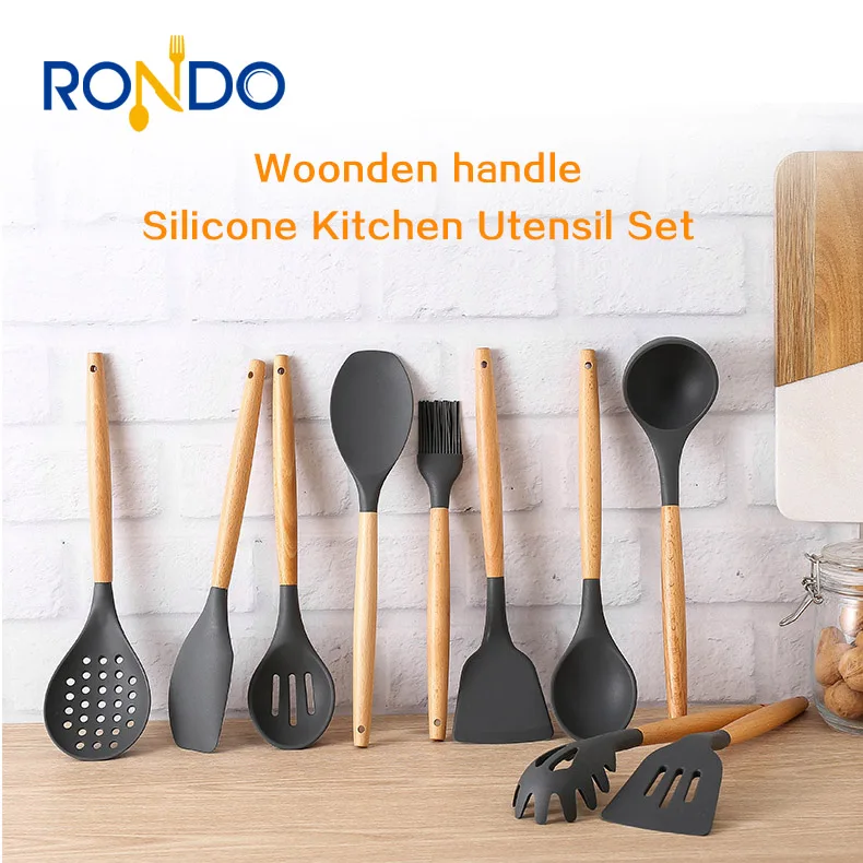 

Wholesale 12 Pieces In 1 Set Silicone Kitchen Cooking Tools Stand Kitchenware BBQ Eco Silicone Wooden Kitchen Utensils, Black/pink/green/grey