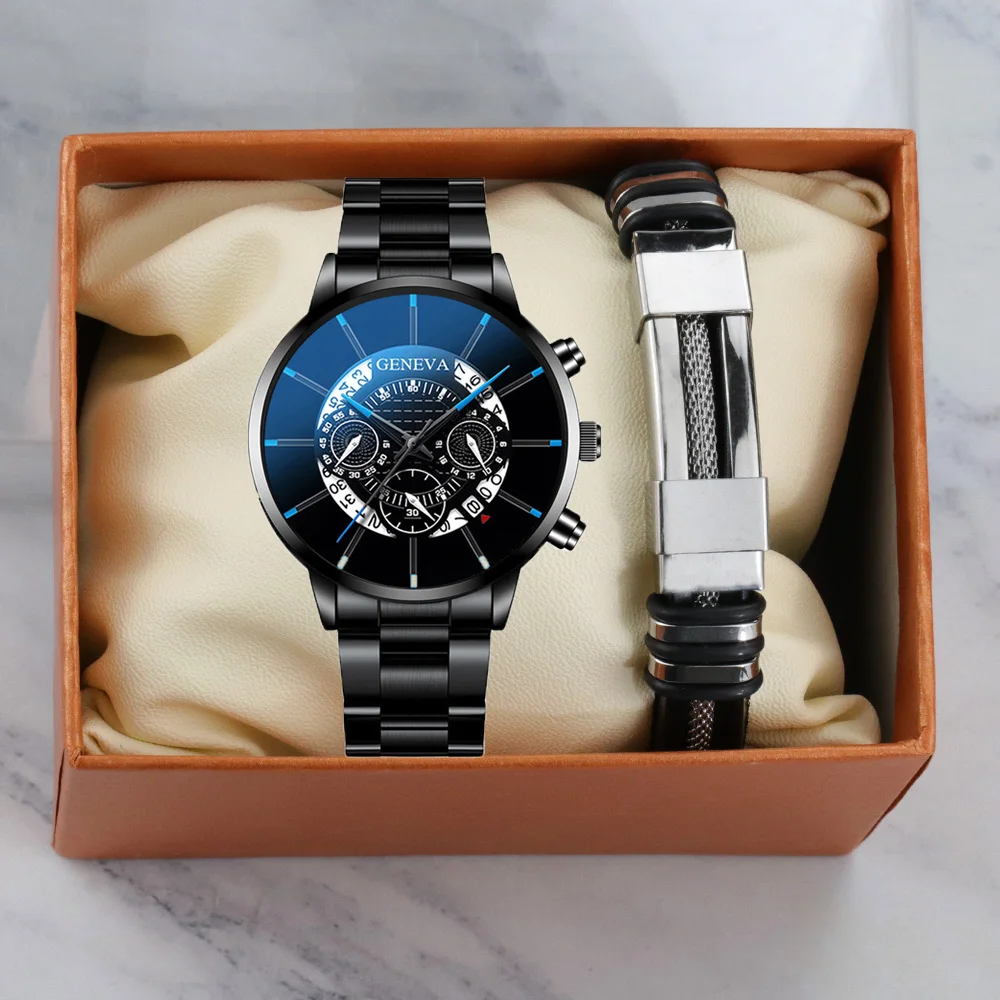 

6033 Dropshipping Watch +Bracelet+Box Men Watch Set Geneva Steel Band Quartz Watch Bracelet Jewelry Gift, 5 different colors as picture