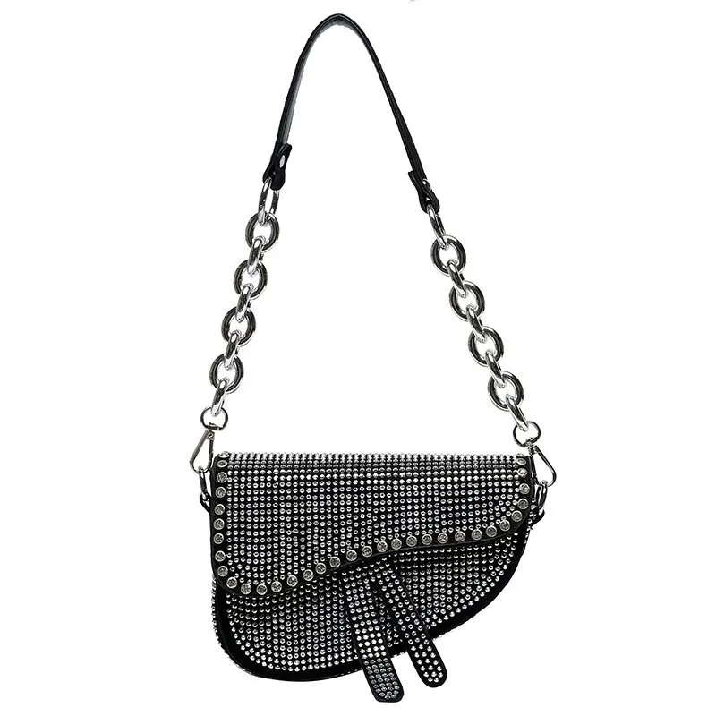 

2021 Fashion Diamond Handbag Women PU Leather Lady Chain Bags Rhinestone Saddle Bag Luxury