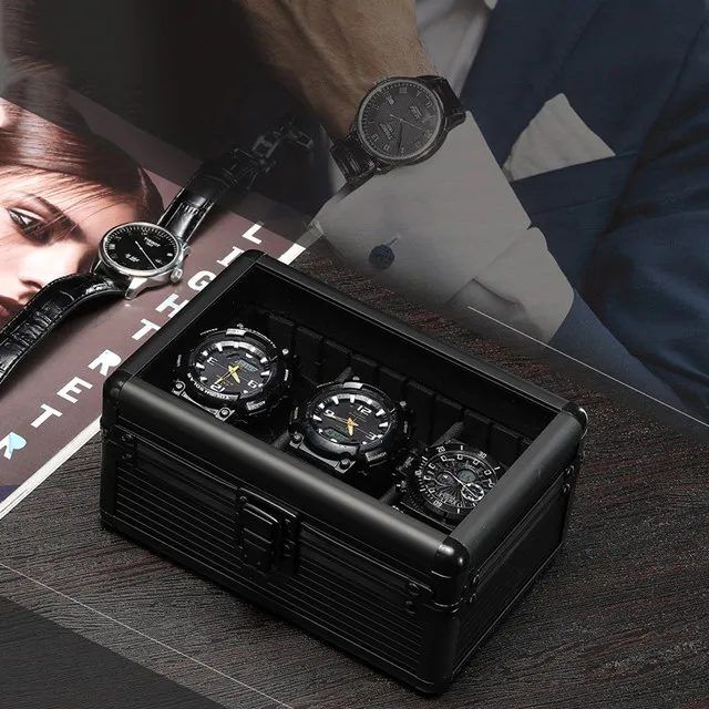 

Factory 3 Slot Watch Display Case Aluminum Watch Gift Box Aluminum Storage Case, Black