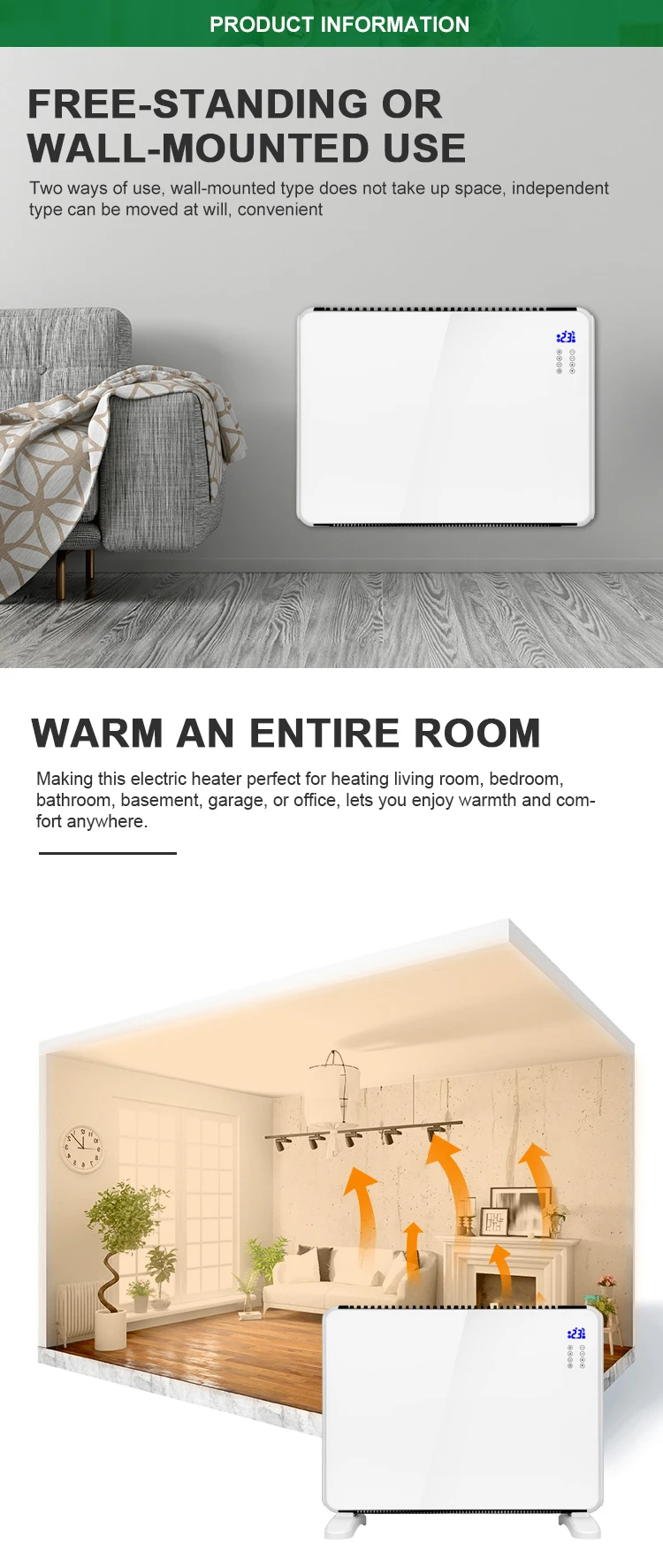 High Quality Household Freestanding Wall Mounted Convector Electric Heater Glass Panel Heater 2000w