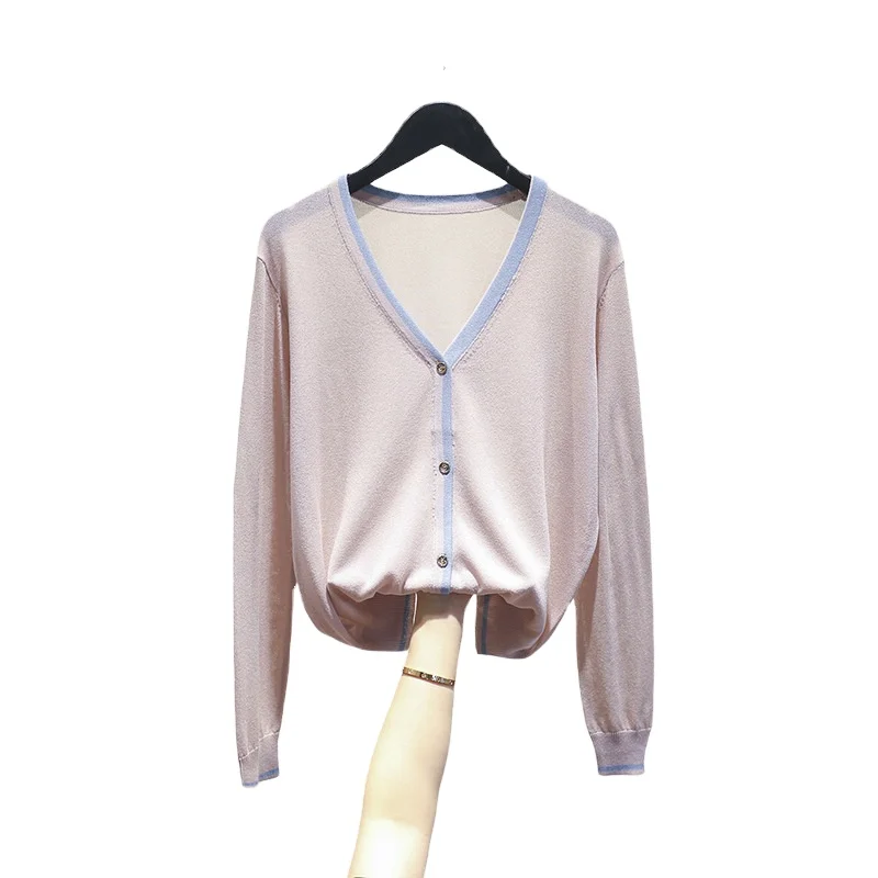 

Thin ice silk knit sweater with cardigan women's V-neck loose long-sleeved air-conditioning shirt jacket