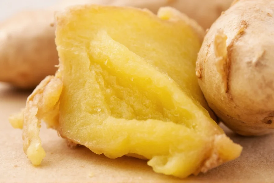 Close-up of fresh ginger root being chewed, showing fibrous texture and golden color
