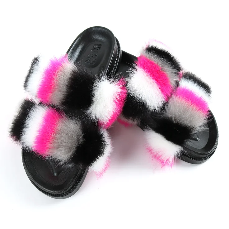 

new arrival hot sale colorful 2 straps design Girls soft faux fur slippers fashion outdoor slippers for women lady, As per customer's request