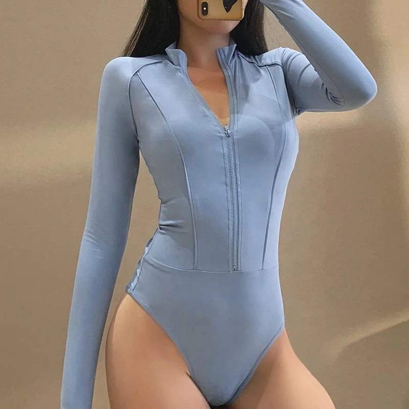 

KX-W26359 Diving sports wear casual good stretch slim one piece shirts women solid zipper fly long sleeve shirts