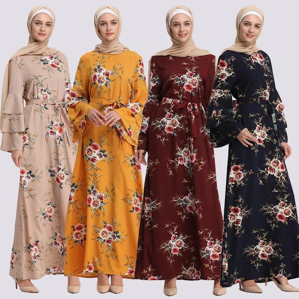 

Floral Womens Dress Abaya Muslim Ladies Long Sleeve Printed Long Maxi Dresses