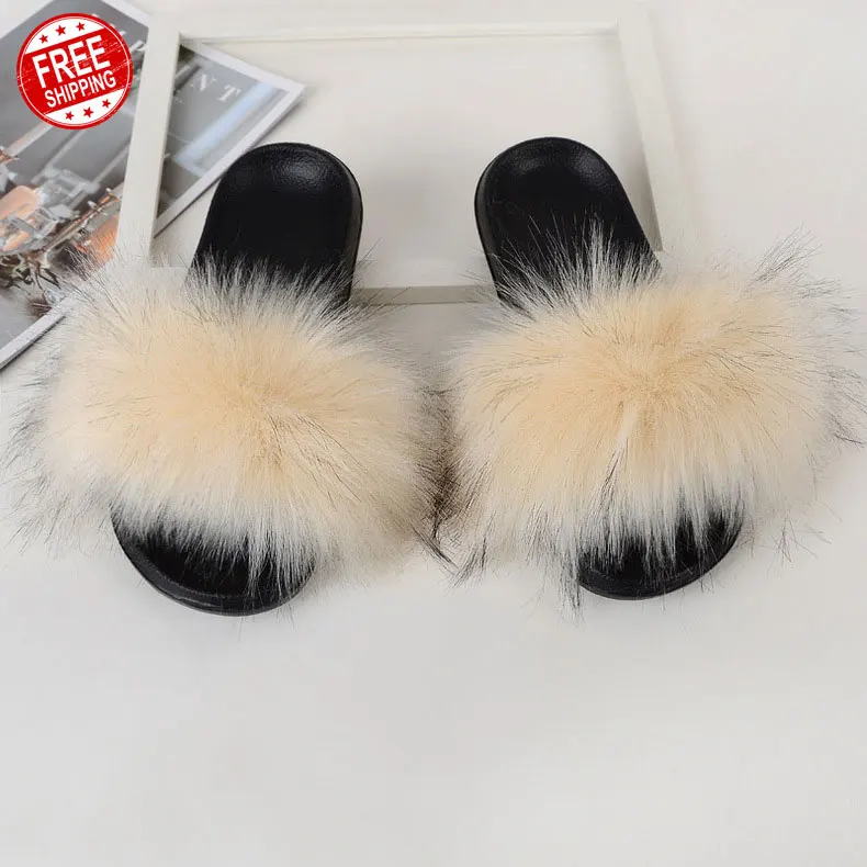 

wholesale and customized women kids baby real raccoon big fur slides