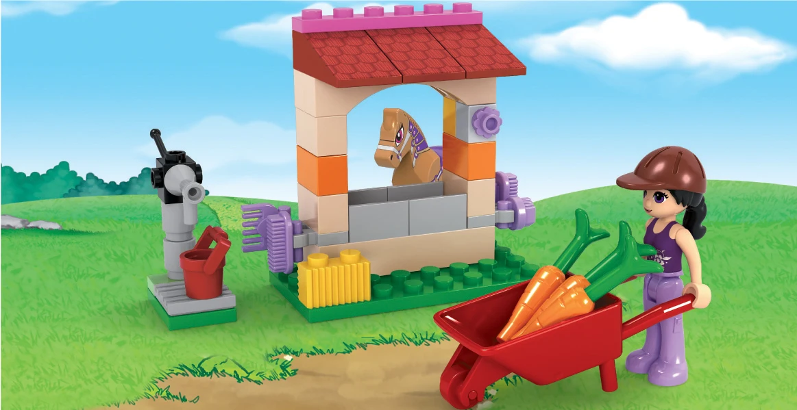 79 个 ausini 塑料积木农场工作玩房子游戏在稳定的喂食马与小马