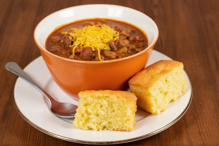 Homemade cornbread served alongside a bowl of spicy beef chili with melted cheese topping