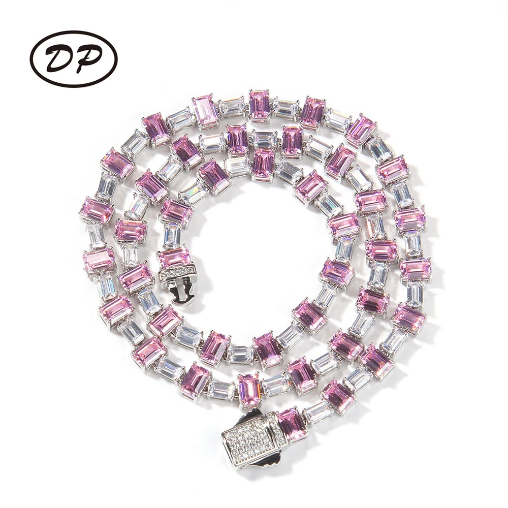 

DP 2021 Fashion Baby Pink CZ Square AAA Zirconia Link Chain Ladies Luxury Rapper Jewelry, Gold silver