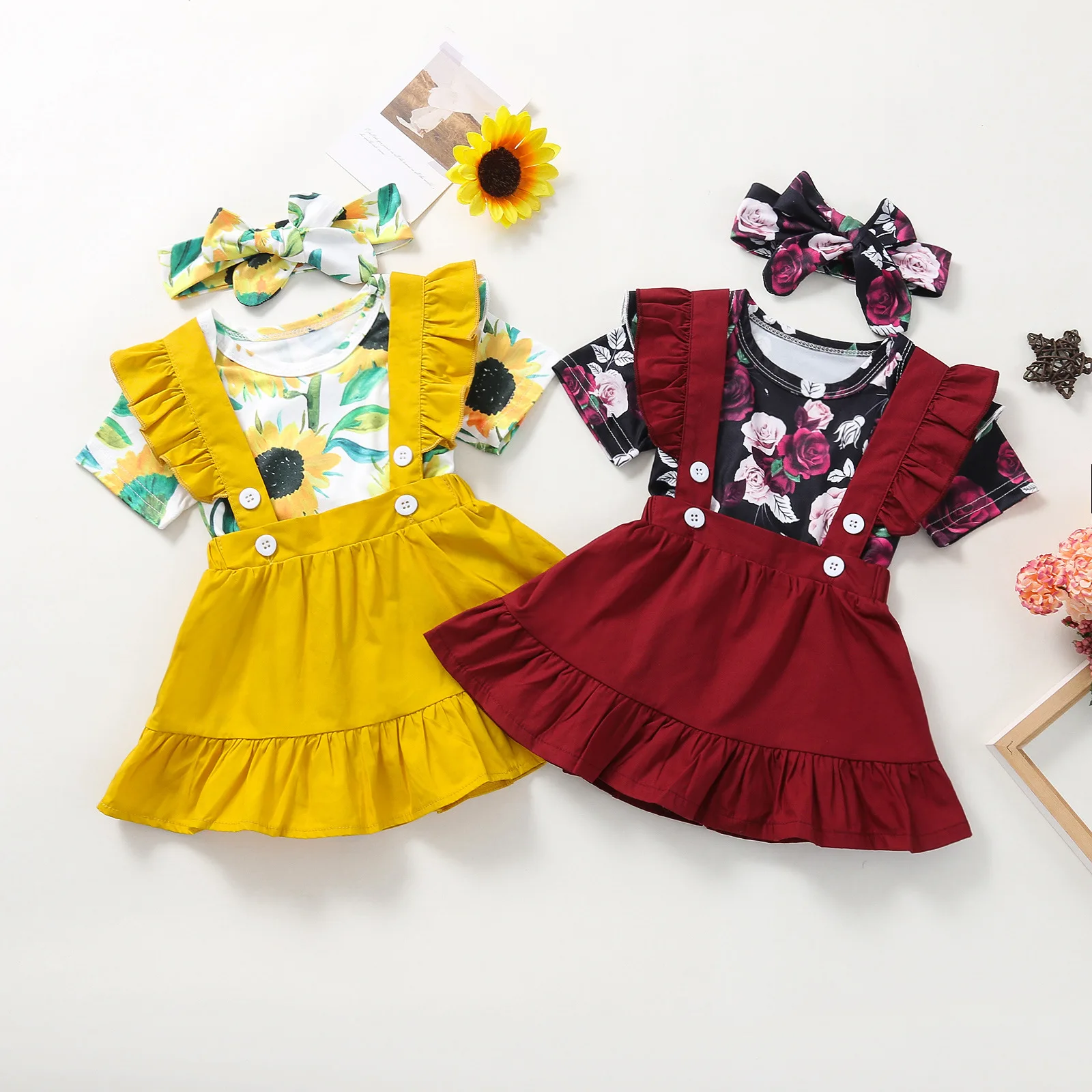 

Summer Newborn Infant Girl Baby Rompers 3Pcs Sunflowers Rompers Adjustable Suspender Baby Girls Clothes, Pic show