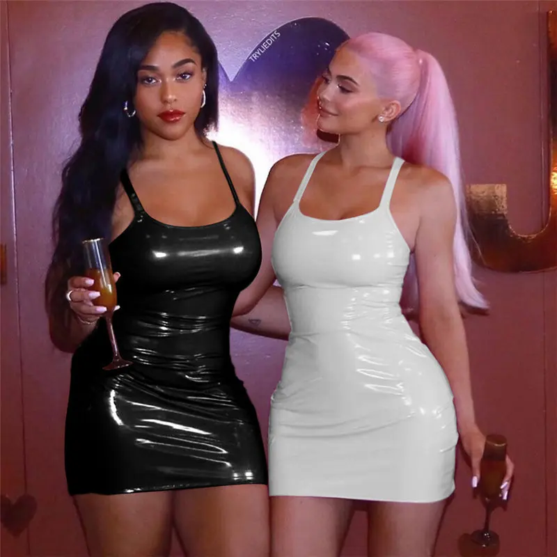 

Sexy lady patent leather mini bodycon club night slip wrap dress women, Black/white