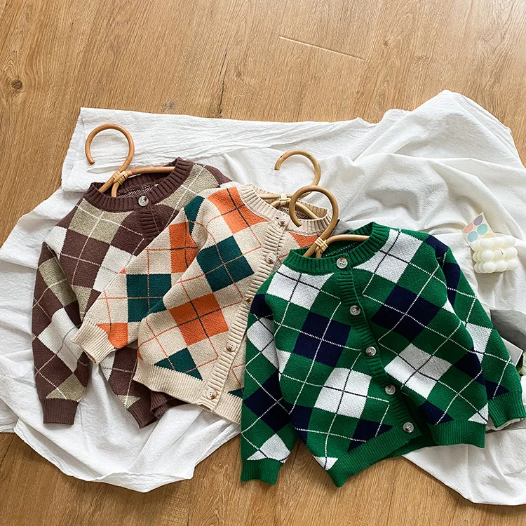 

2021 fall autumn winter toddler baby girls cardigan infant kids knitted rhombus clothing college style