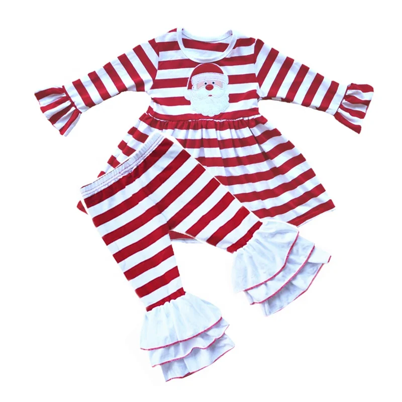 Latest Design children Boutique ruffle Dress And polka dot Set Kids Girls Cute Baby Christmas Santa Pattern Outfits