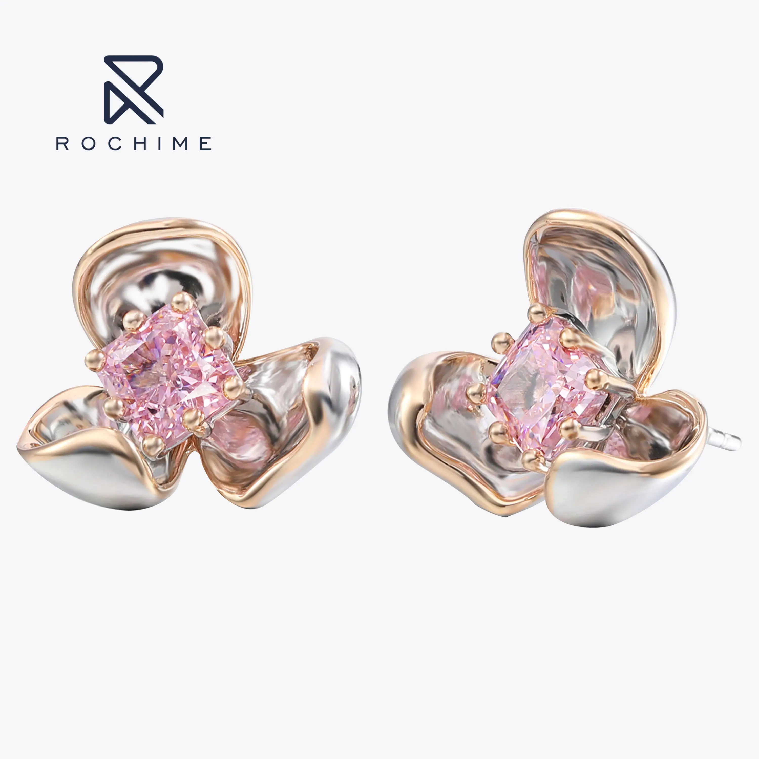 Rochime Flower pink Diamond Stud Earrings 925 Sterling Silver Rhodium Plated 5a Zircon Jewelry for Women