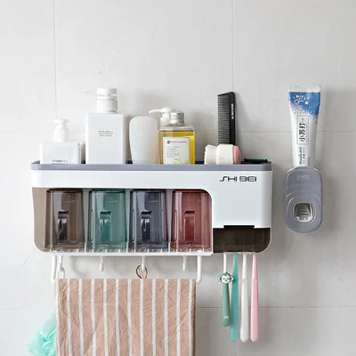 

Toothbrush Rack Free Punching Bathroom Wall-mounted Mouthwash Cup Storage Box With Hook Tooth Squeezer Rack Set