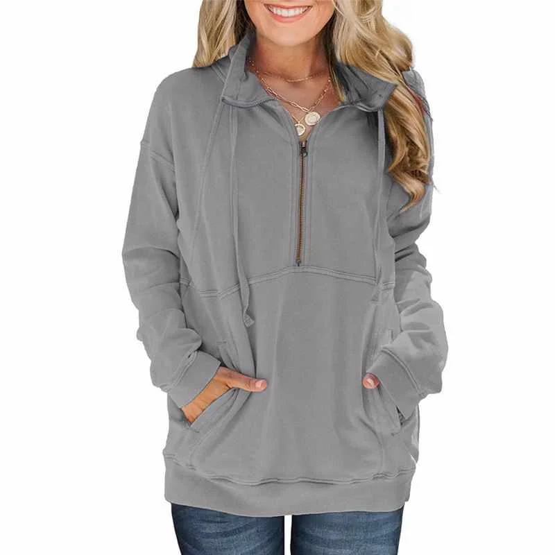 

Custom Ladies Fashion Drawstring Solid Color Half Zip Up Long Sleeve Sweatshirt Womens