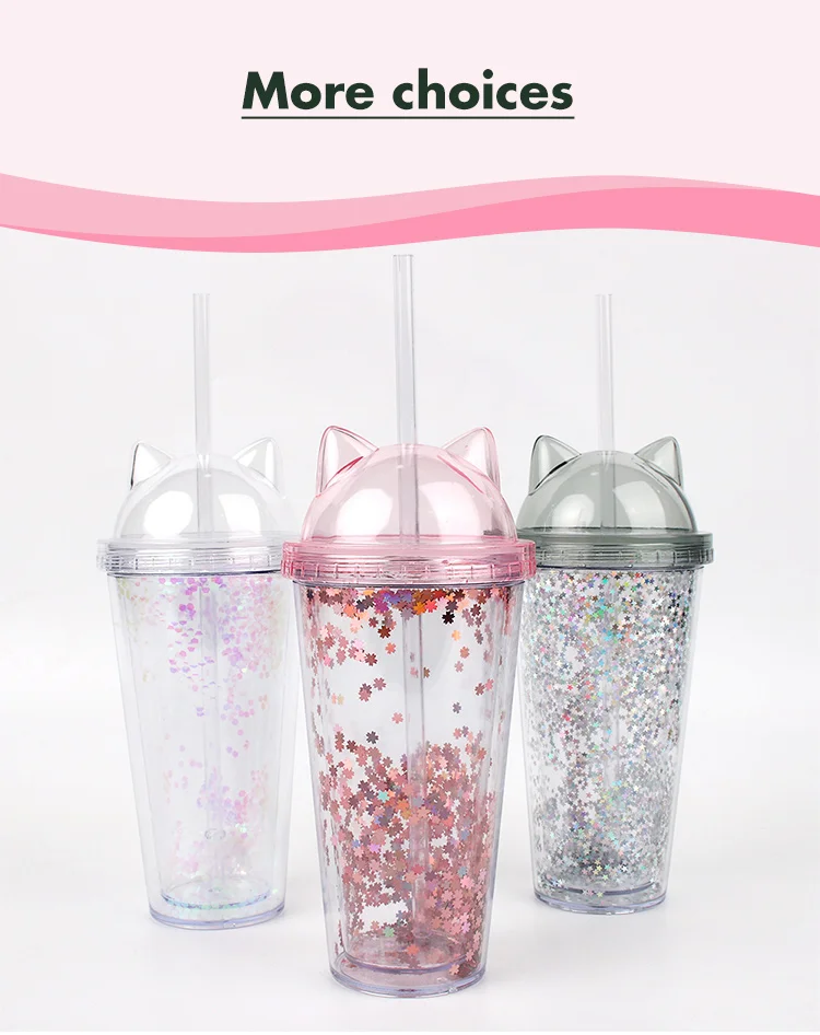 Kawaii Cute Cat Ear Tumbler Cup Water Bottle W Straw & Lid Pink Glitter  !nside