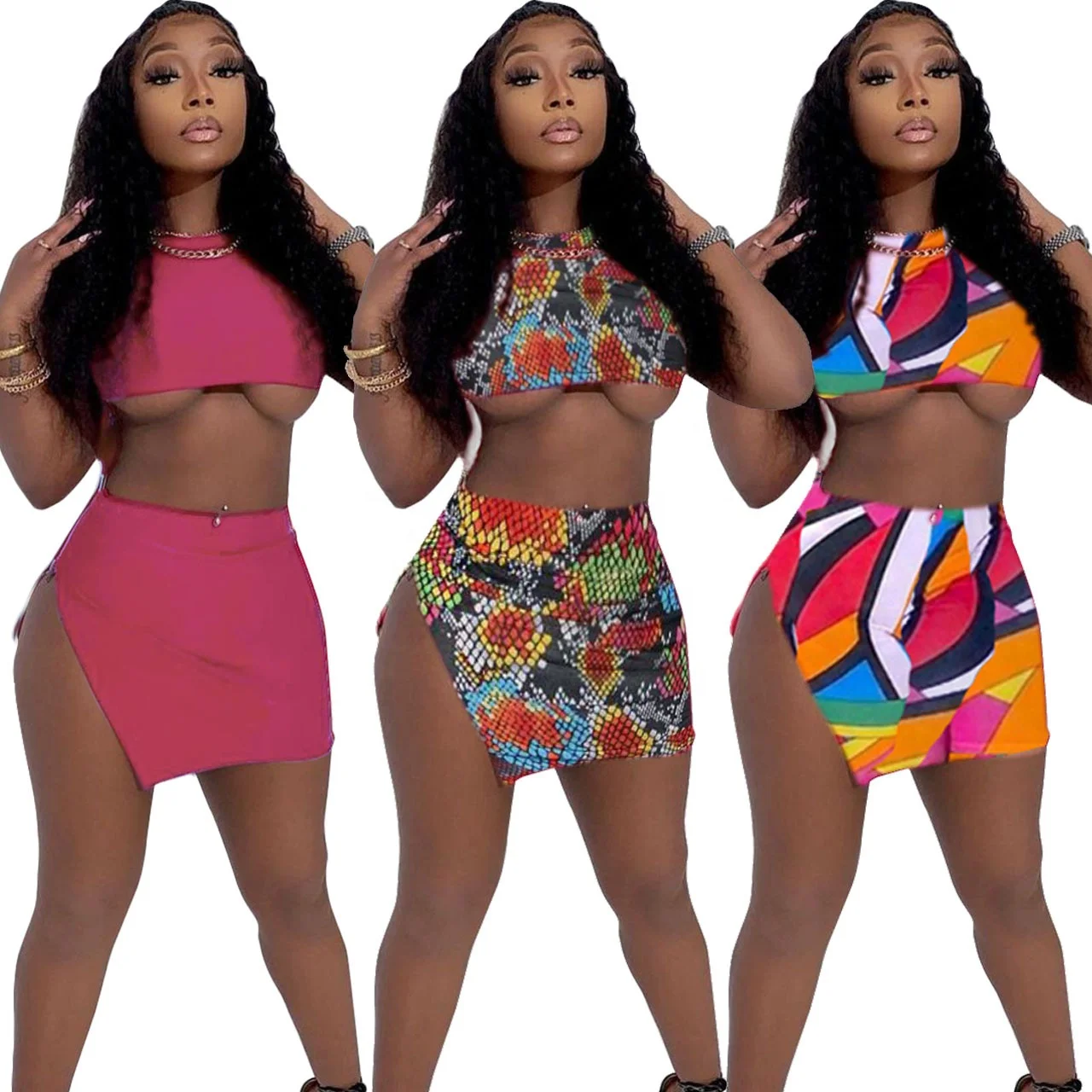 

YD Fashionable women sleeveless hollow out snake print sexy elegant dress club wear clothing with split summer lady party dress