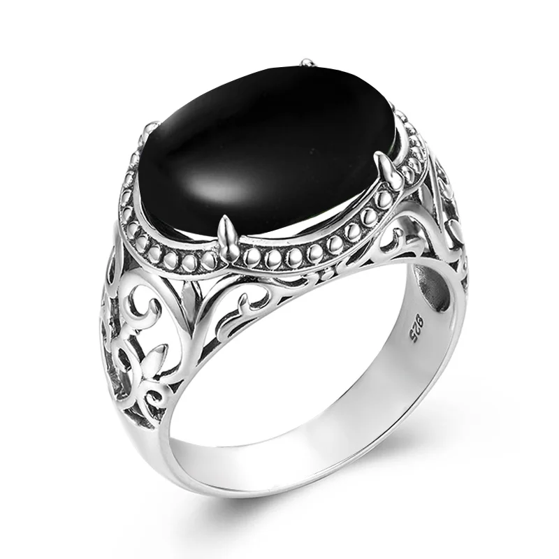 

Turkish Jewelry Black Onyx Rings Men 6g Real 925 Sterling Silver Ring Men's Natural Agate Stone Vintage Fashion Rings