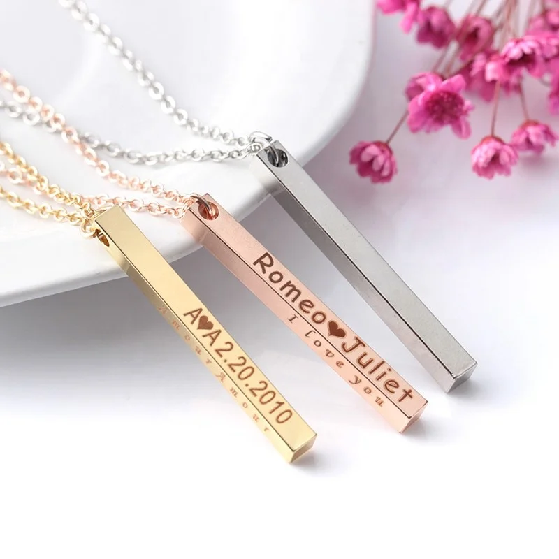 

Fashion Charm Custom necklace personalized Engraved Vertical Bar Pendant DIY Name brass jewelry long bar pendant necklace, Gold .silver ,rose gold