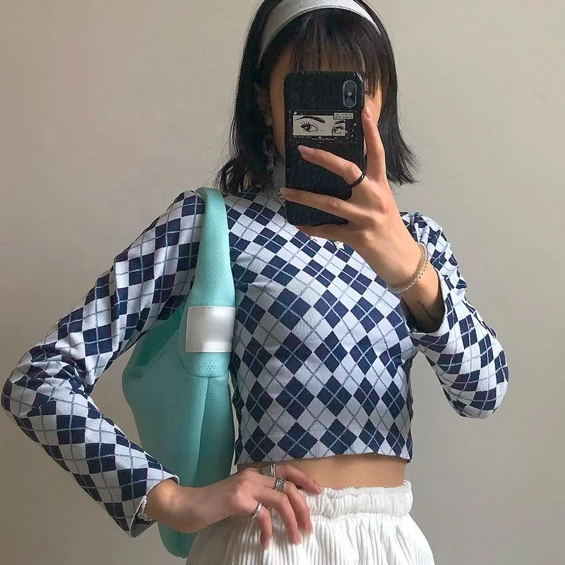 

2021 spring price solid crop top shirt long sleeve v neck woman knitted women crop top t shirt, Blue