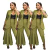 9S03253 new design mesh stitching blazer single ruffle flared pants women trendy solid pants two piece set