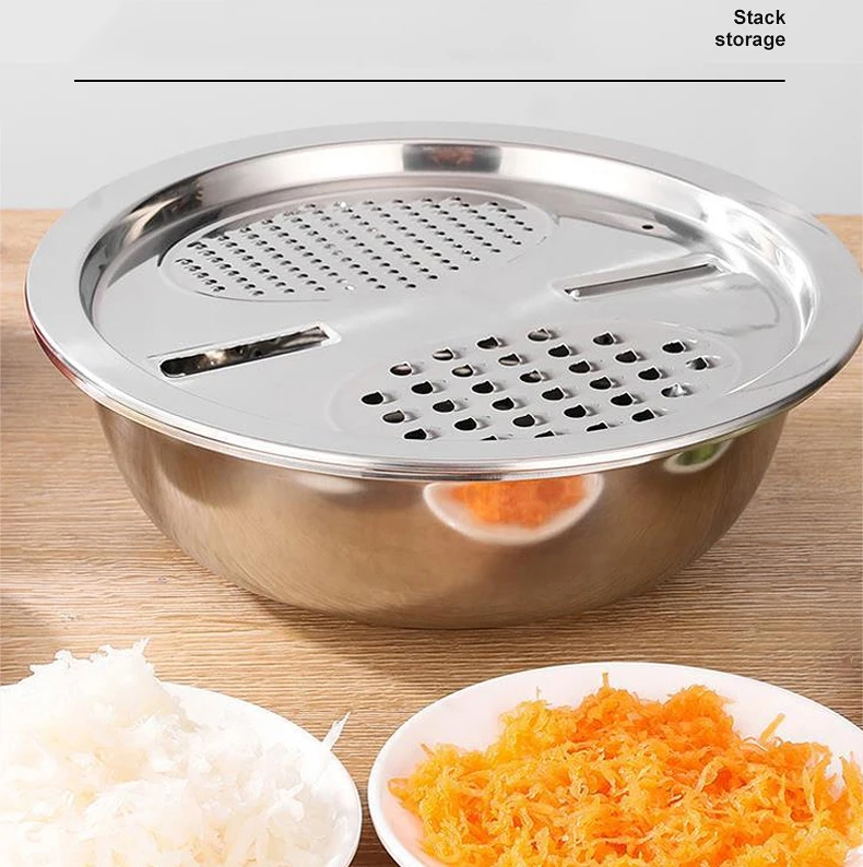 

3 in 1 Stainless Steel Basin With Grater with Stainless Steel Drain Basin Ginger Grater Basket Vegetable Fruit Cutter Kitchen