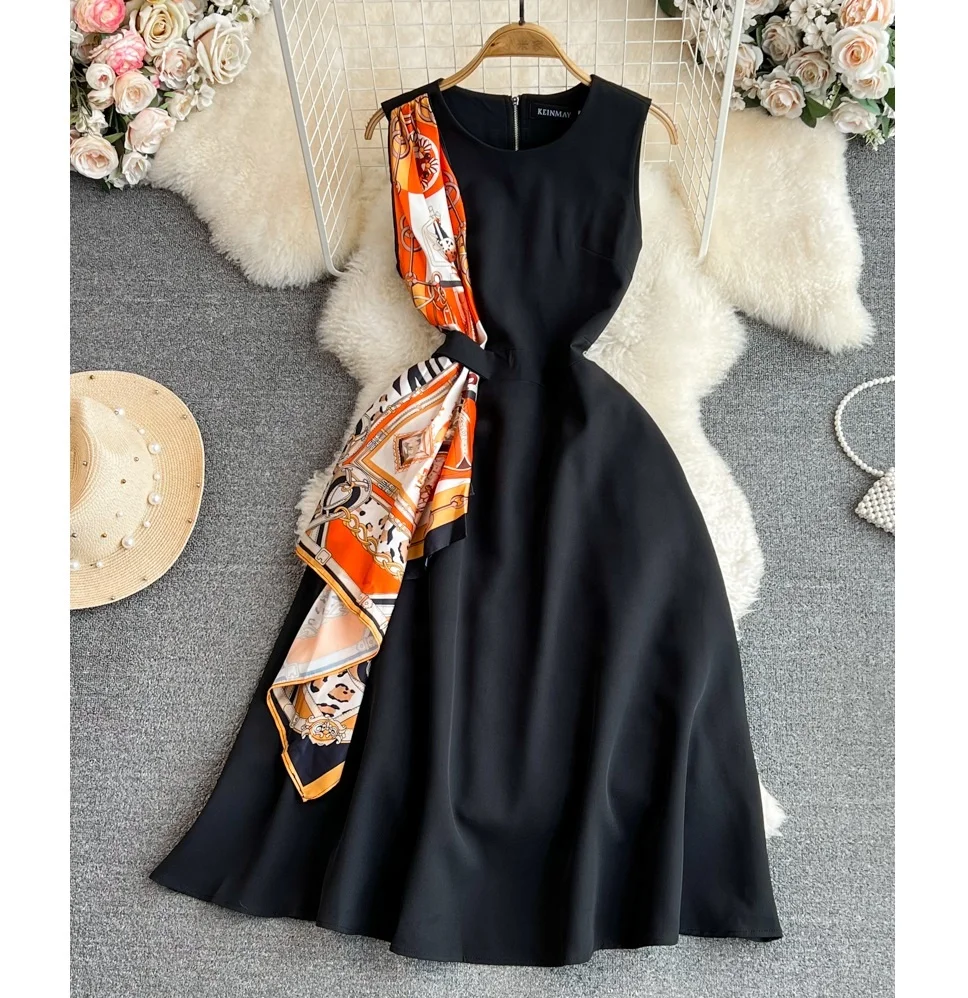 

Printed Long Standing Collar Summer Fashion Pleated Long Elegant Casual Dress