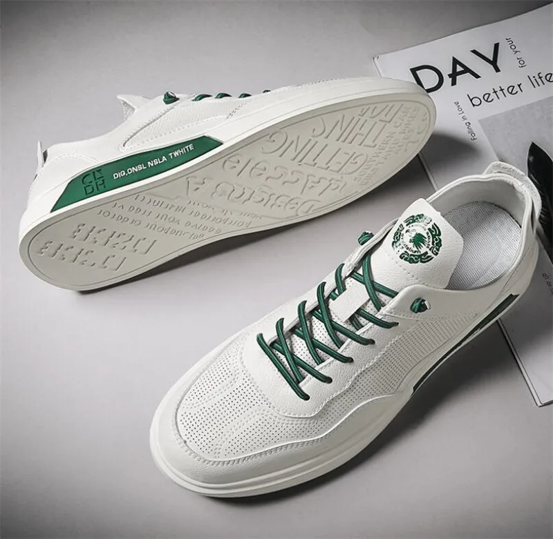 

New spring and summer fashion soft sole all-match sports hollow casual leather men's sneakers, White, beige