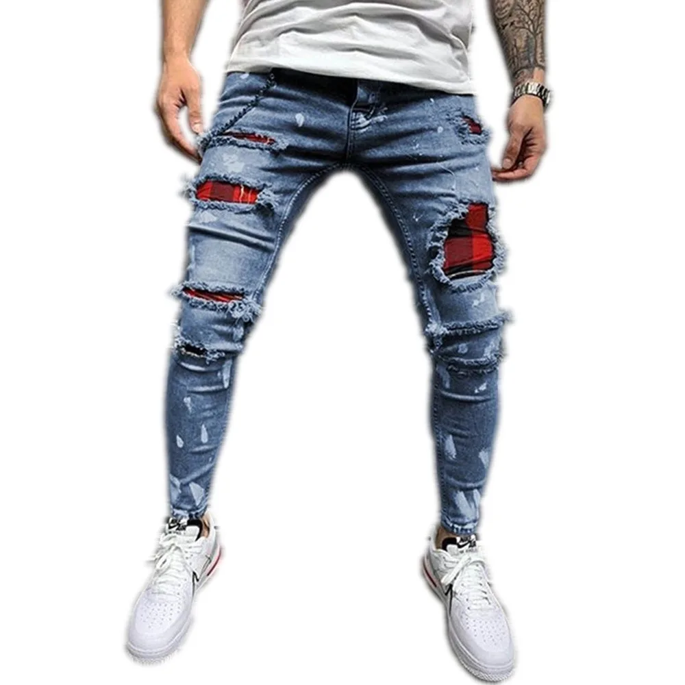 

2021 New Italy Style Men's Jeans Pants Destroyed Art Patches Skinny Biker White Jeans Men Slim Trousers Men Fashion Jeans