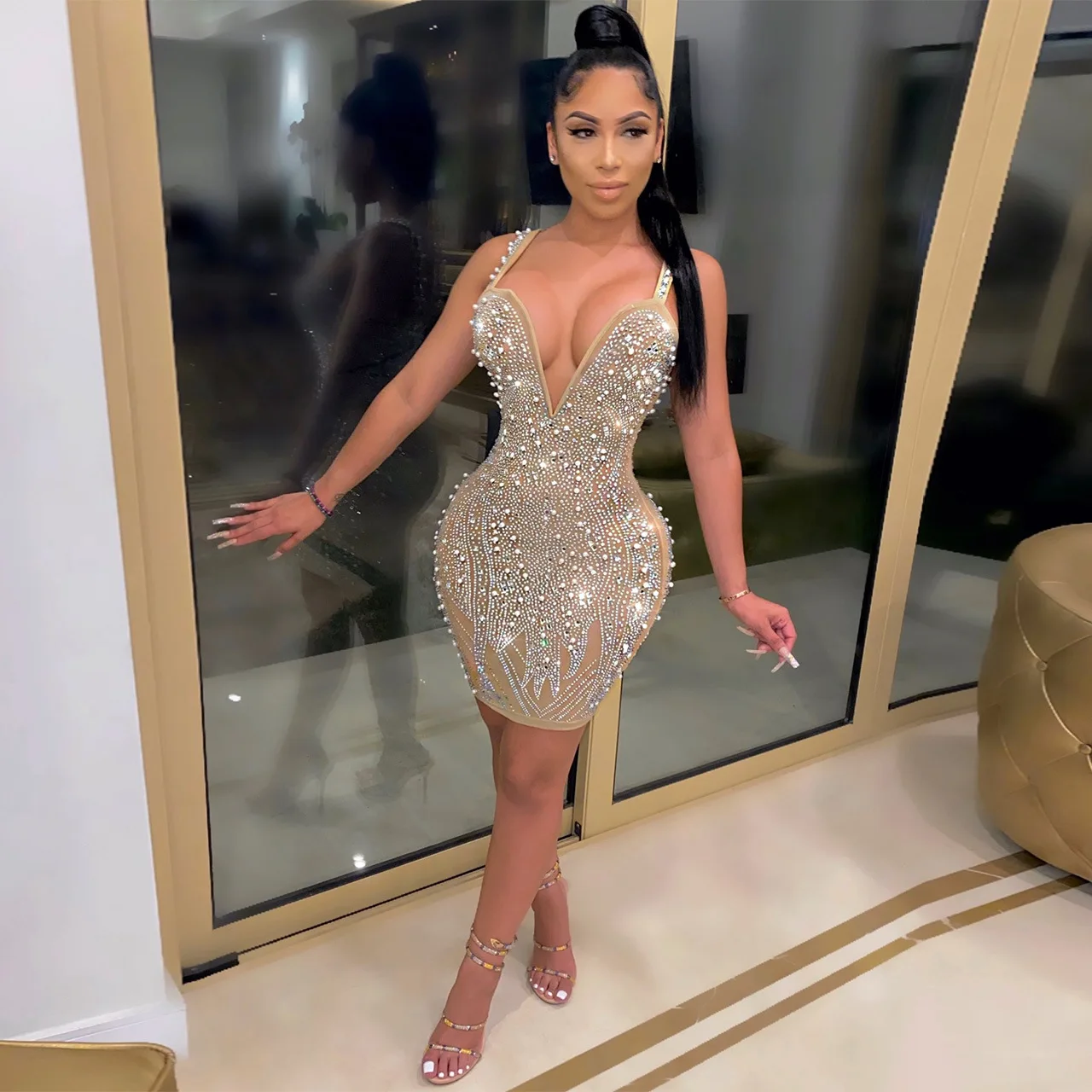 

C13013 - women trending rhinestone sleeveless v neck mini dresses