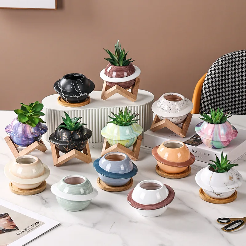 

Factory Wholesale Thumb Succulent Spherical Planter Meta Universe Galaxy Planet Pot Creative Ceramic Planter With Wooden Frame