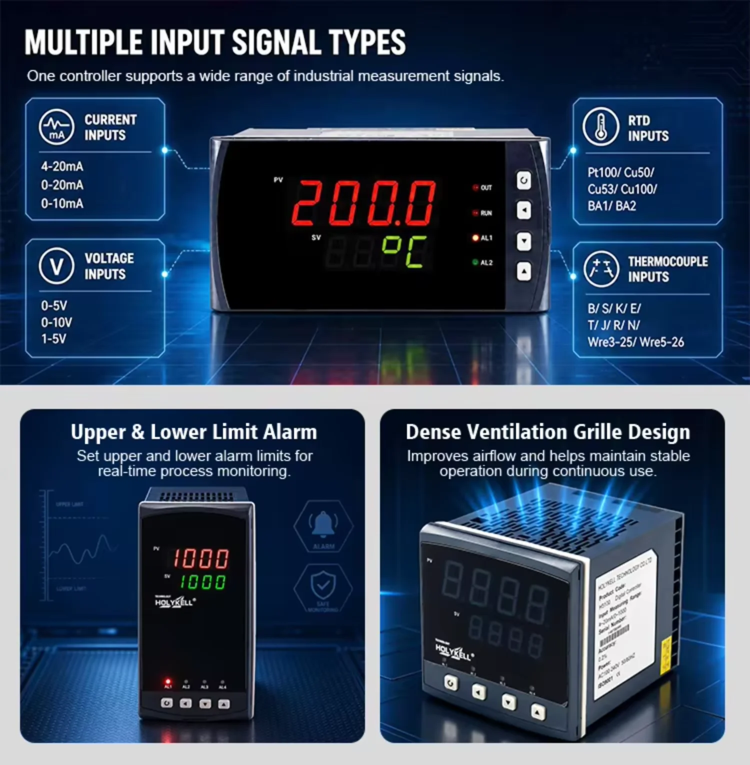Holykell H5100 Digital Display Controller Dual LED Panel Indicator for Temperature Pressure Liquid Level Monitoring