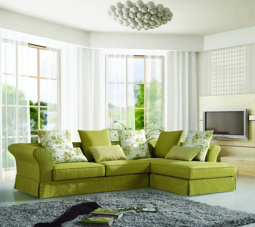 Nordic furniture green small l shaped corner fabric sofa set for designs